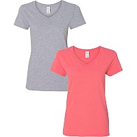 Gildan Womens Heavy Cotton Vneck Tshirt 2Pack Lrgsportgraycoral