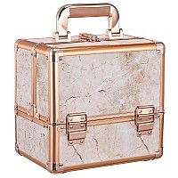 Costravio Makeup Train Case Rose Gold Cosmetic Box with Mirror & Brush Holder Home or Travel Organizer for Make-up and Jewelry Storage Box with 3-Tier Tackle Trays Portable Lockable Golden Marble