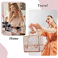 Costravio Makeup Train Case Rose Gold Cosmetic Box with Mirror & Brush Holder Home or Travel Organizer for Make-up and Jewelry Storage Box with 3-Tier Tackle Trays Portable Lockable Golden Marble