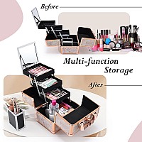 Costravio Makeup Train Case Rose Gold Cosmetic Box with Mirror & Brush Holder Home or Travel Organizer for Make-up and Jewelry Storage Box with 3-Tier Tackle Trays Portable Lockable Golden Marble