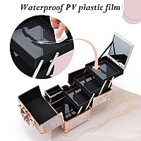 Costravio Makeup Train Case Rose Gold Cosmetic Box with Mirror & Brush Holder Home or Travel Organizer for Make-up and Jewelry Storage Box with 3-Tier Tackle Trays Portable Lockable Golden Marble