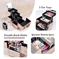 Costravio Makeup Train Case Rose Gold Cosmetic Box with Mirror & Brush Holder Home or Travel Organizer for Make-up and Jewelry Storage Box with 3-Tier Tackle Trays Portable Lockable Golden Marble