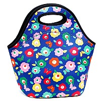 Youbdm Neoprene Lunch Bags Thermal Insulated Lunch Tote Bag Reusable Washable Neoprene Picnic Bag For Women Men Butterfly Flowe