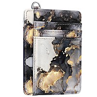 Slim Front Pocket Wallet Rfid Id Card Holder Cute Small Wallet With Keychian For Womengrey Marble