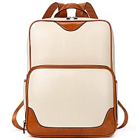 Bromen Laptop Backpack For Women Leather 156 Inch Computer Backpack Large Capacity Business Travel Daypack Bag Beige With Brown