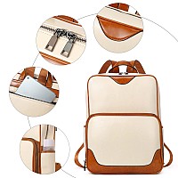 Bromen Laptop Backpack For Women Leather 156 Inch Computer Backpack Large Capacity Business Travel Daypack Bag Beige With Brown