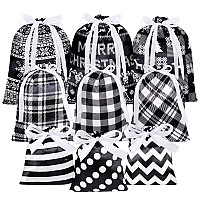 Ruisita 9 Pieces Christmas Fabric Gift Bags With Drawstring Black And White Reusable Satin Gift Bags Of 3 Sizes With Assorted De