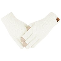 Vigrace Womens Winter Warm Touch Screen Gloves Cable Knit Wool Fleece Lined Touchscreen Texting Mittens For Women White