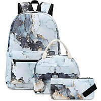 Girls School Backpack Marble Schoolbag Laptop Bookbag Insulated Lunch Tote Bag Purse Teens Boys Kids Marble 23 Blue 3 Piece