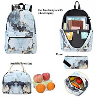 Girls School Backpack Marble Schoolbag Laptop Bookbag Insulated Lunch Tote Bag Purse Teens Boys Kids Marble 23 Blue 3 Piece