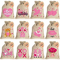 24 Pieces Valentines Day Candy Gift Bags Heart Small Gift Bags Drawstring 7 X 5 Inch Burlap Party Bags With Tags Wedding Pouche