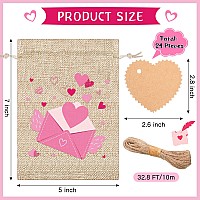 24 Pieces Valentines Day Candy Gift Bags Heart Small Gift Bags Drawstring 7 X 5 Inch Burlap Party Bags With Tags Wedding Pouche