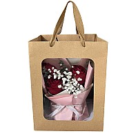 12 Pcs Brown Paper Gift Bags With Transparent Window 984X70X512 Kraft Shopping Bags With Handles For Present Festivals P