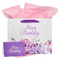 Christian Art Gifts Three Piece Landscape Gift Bag Wcard Tissue Paper Set For Women Happy Birthday White Purple Blooming