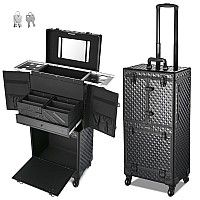 Byootique Rolling Makeup Case Trolley With Mirror Cosmetic Organizer Stroage Hair Stylist Barber Extendable Tray Hairdressing Be