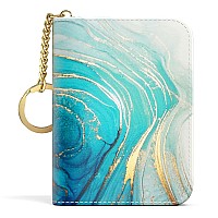 Aiawoxc Credit Card Holder For Women Small Rfid Card Wallet Slim Leather Card Organizer Case With Zipper Keychaincyan Marble