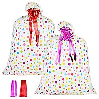 2 Pcs Large Gift Bags Oversized Plastic Storage Bags 48X 36 With 2 Pcs Pull Flowers For Huge Big Gifts Presents Wrapping Kids