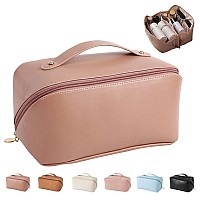 MINGRI Large Capacity Travel Cosmetic Bag for Women,Makeup Bag Travelling PU Leather Cosmetic Bag Waterproof,Multifunctional Storage Travel Toiletry Bag Skincare Bag (Soft pink)