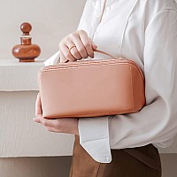 MINGRI Large Capacity Travel Cosmetic Bag for Women,Makeup Bag Travelling PU Leather Cosmetic Bag Waterproof,Multifunctional Storage Travel Toiletry Bag Skincare Bag (Soft pink)