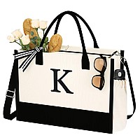 Initial Canvas Tote Bag Work Tote Bags Gifts For Women 16Oz Canvas Bag With Shoulder Strap Zipper Inner Side Pocket Monogramme