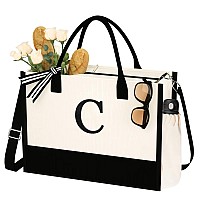 Personalized Beach Bag Initial Canvas Tote Bag With Zipper 2 Pockets 16Oz Beach Tote Bag With Shoulder Strap Embroidery Bag W