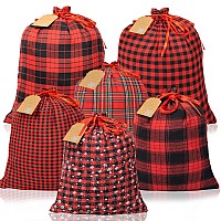 Drawstring Christmas Gift Bags For Presents 6Pcs 2 Sizes Buffalo Plaid Red And Black Cloth Christmas Stockings Bags With Tags