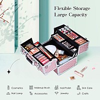 Joligrace Makeup Train Case Professional Cosmetic Organizer Aluminum Storage Box With 4 Adjustable Dividers Trays Lockable Porta