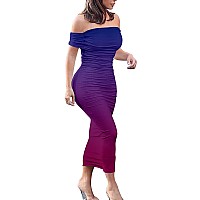 Gobles Womens Ruched Off Shoulder Short Sleeve Bodycon Midi Elegant Cocktail Party Dress Blue Red