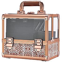 Joligrace Makeup Box Cosmetic Train Case with Clear Acrylic Shell Jewelry Organizer with 3 Tiers Trays, Mirror and Brush Holder Lockable Portable Travel Cosmetic Display Case Boho Rose Gold