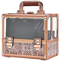 Joligrace Makeup Box Cosmetic Train Case with Clear Acrylic Shell Jewelry Organizer with 3 Tiers Trays, Mirror and Brush Holder Lockable Portable Travel Cosmetic Display Case Boho Rose Gold