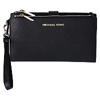 Michael Kors Jet Set Travel Double Zip Saffiano Leather Wristlet Wallet Black Saffianogold Hardware Medium