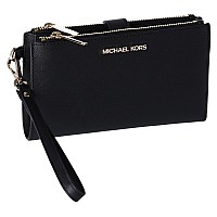 Michael Kors Jet Set Travel Double Zip Saffiano Leather Wristlet Wallet Black Saffianogold Hardware Medium