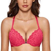 Dobreva Womens Push Up Bra Racerback Front Closure Bras Lace Padded Underwire Plunge Floral Bright Rose 36Dd