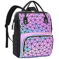 Lovevook Geometric Luminous Laptop Backpack For Women Holographic Reflective Laptop Bag With Usb Port Fashion Purses Travel Ba