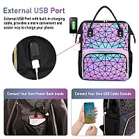 Lovevook Geometric Luminous Laptop Backpack For Women Holographic Reflective Laptop Bag With Usb Port Fashion Purses Travel Ba