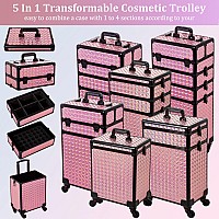 Arous 5 In 1 Professional Makeup Train Case Aluminum Cosmetic Case Rolling Makeup Case Extra Large Trolley Makeup Travel Organiz