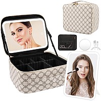 Peeh Makeup Bag With Lighted Mirror Travel Make Up Train Case With Adjustable Brightness Vanity Mirror And Detachable 10X Magni