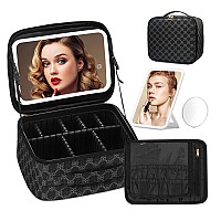 Omobolanle Makeup Bag With Mirror Led Light Detachable Portable Makeup Organizer Travel Cosmetic Train Case With Dividers And 10