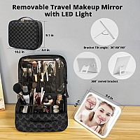 Omobolanle Makeup Bag With Mirror Led Light Detachable Portable Makeup Organizer Travel Cosmetic Train Case With Dividers And 10