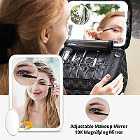 Omobolanle Makeup Bag With Mirror Led Light Detachable Portable Makeup Organizer Travel Cosmetic Train Case With Dividers And 10