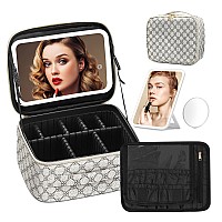 Omobolanle Makeup Bag With Mirror Led Light Detachable Portable Makeup Organizer Travel Train Case With Adjustable Dividers And