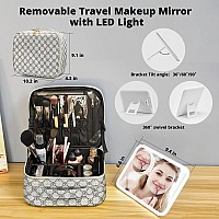 Omobolanle Makeup Bag With Mirror Led Light Detachable Portable Makeup Organizer Travel Train Case With Adjustable Dividers And