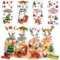 Jmanni 120 Pcs Christmas Cellophane Treat Bags Clear Christmas Cellophane Sweet Candy Treat Bags Santa Claus Bells Elk Pattern