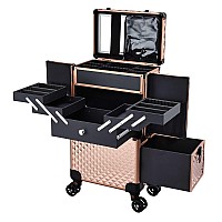 Adazzo Professional Makeup Artist Rolling Train Case Multi-functional Cosmetic Train Case Large Trolley Storage Case for Nail Technicians Cosmetology Case for Hairstylist Rose Gold