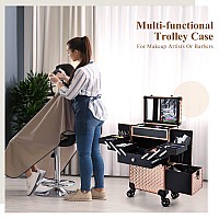 Adazzo Professional Makeup Artist Rolling Train Case Multi-functional Cosmetic Train Case Large Trolley Storage Case for Nail Technicians Cosmetology Case for Hairstylist Rose Gold