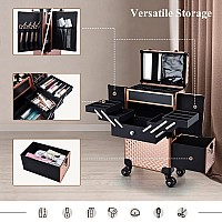 Adazzo Professional Makeup Artist Rolling Train Case Multi-functional Cosmetic Train Case Large Trolley Storage Case for Nail Technicians Cosmetology Case for Hairstylist Rose Gold