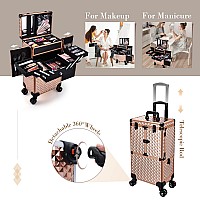 Adazzo Professional Makeup Artist Rolling Train Case Multi-functional Cosmetic Train Case Large Trolley Storage Case for Nail Technicians Cosmetology Case for Hairstylist Rose Gold