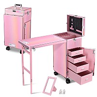 Byootique Rolling Manicure Table Portable Nail Table Foldable Nail Desk Mobile Station Travel Makeup Train Case Cosmetic Trolley