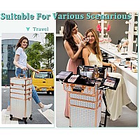 Arous 5 In 1 Professional Makeup Train Case Aluminum Cosmetic Case Rolling Makeup Case Extra Large Trolley Makeup Travel Organiz