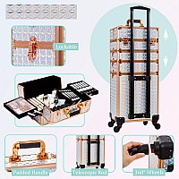 Arous 5 In 1 Professional Makeup Train Case Aluminum Cosmetic Case Rolling Makeup Case Extra Large Trolley Makeup Travel Organiz